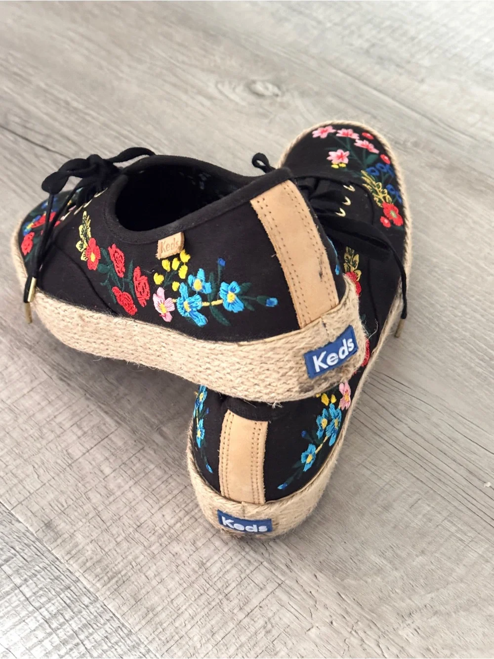 Keds Rifle Paper Black Embroidered Floral Espadrille Platform Sneaker Womens 9
